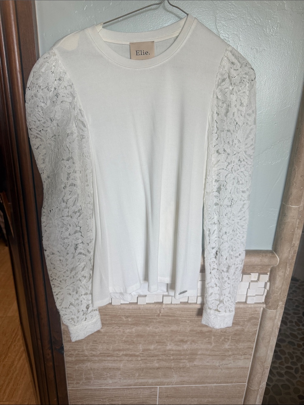 Elie Tahari White Lace-Sleeve Long Sleeve Top